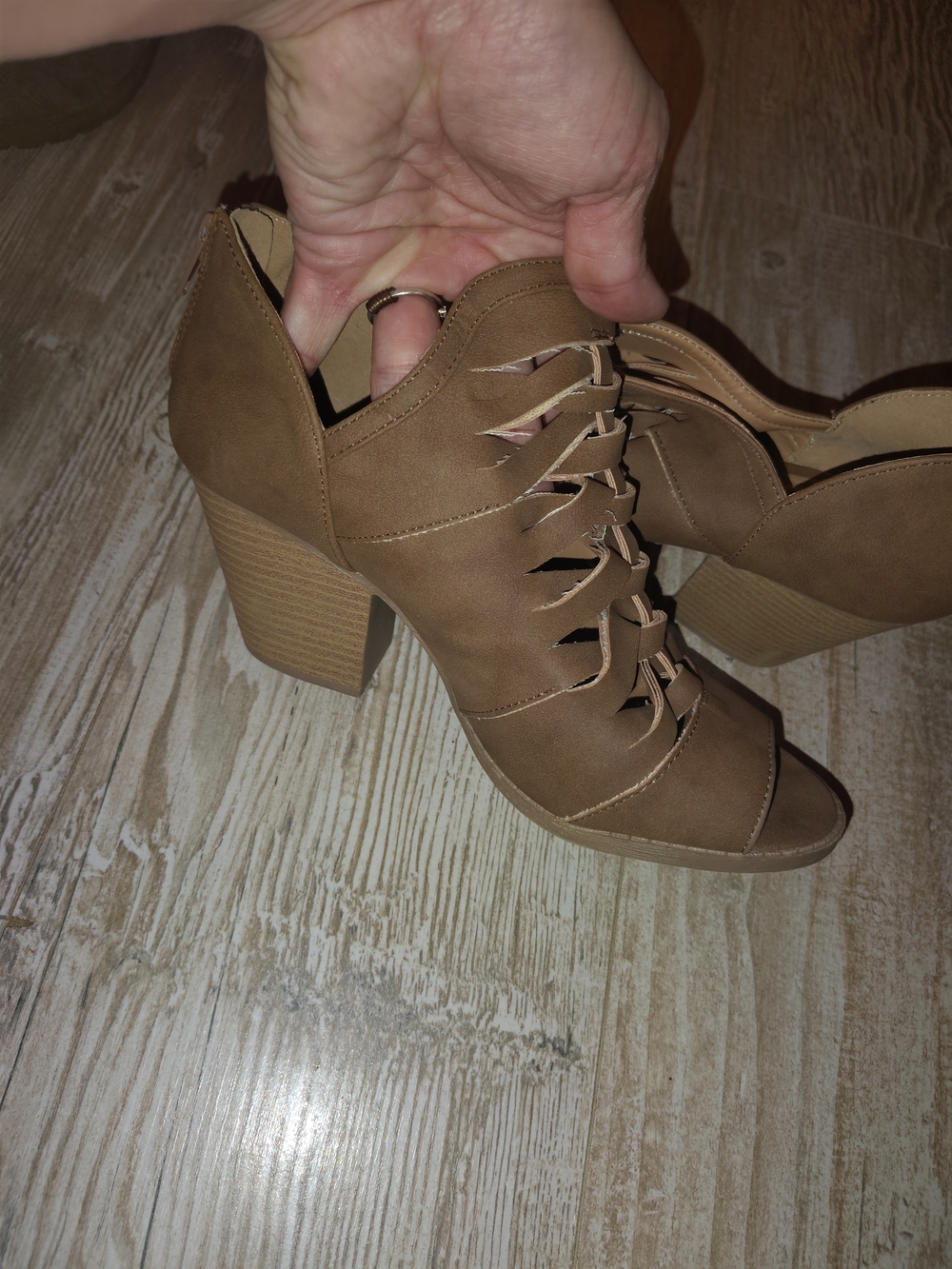 Qupid Tan Lace-Up Peep Toe Block Heel Sandals